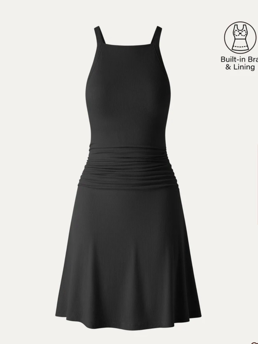 OGL CoolTouch Square Neck Ruched Mini Built-In Bra Dress Black Sz medium new